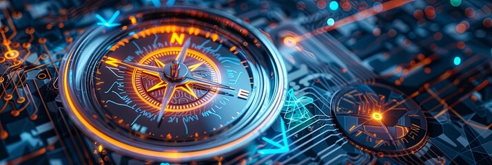 Navigating the Future: A Futuristic Compass with Digital Rings Aglow in Blue and Orange, Set Against a Circuitry and Data Stream Backdrop