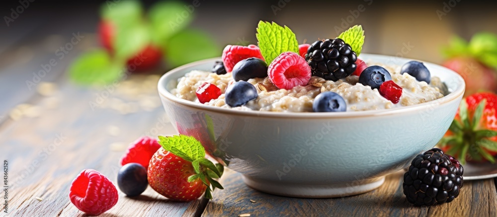 Poster A fresh and healthy meal of oatmeal porridge with chia seeds and berries is displayed on a table creating a vibrant and appetizing food background with copy space image
