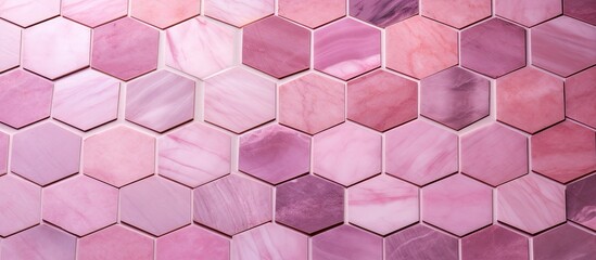 Fototapeta premium Hexagon pink marble tiles patterned background. copy space available