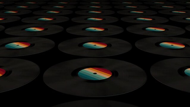 Spinning vinyl discs on simple colors background. Seamless looping footage.Old technology. Retro design. 3D animation of music record rotating. Loop animation. Retro music vintage, Synthwave style
