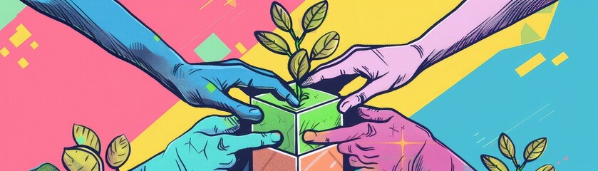 Hands creating a plant-growing block structure, representing sustainability, Pop art, Bright colors, Sketch, Bold lines