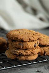 Freshly baked chocolate chip cookies.