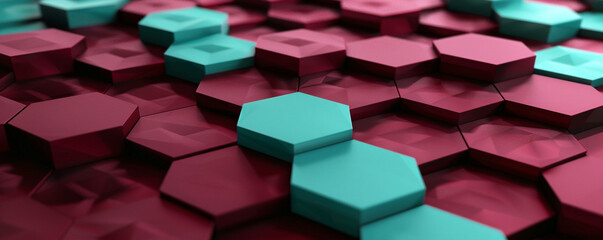 Detailed render of maroon and turquoise 3D hexagons forming a captivating abstract background.