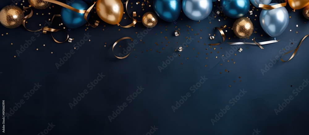 Aufkleber party frame decorations in gold colors on blue color background with empty copy space for text holid