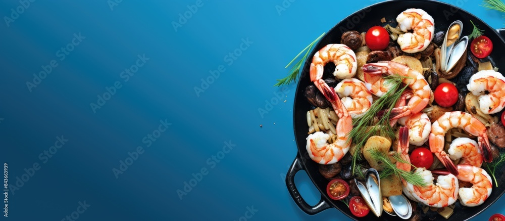 Poster Black spaghetti with prawns and scallop in frying pan on blue background top view with copy space