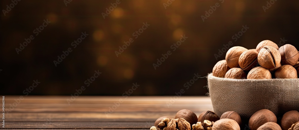 Poster macadamia nuts in the craft package and peeled walnuts in the brown bowl on wooden table close up. c