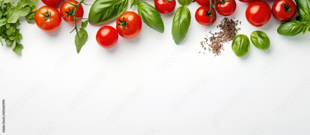 Poster cherry tomatoes and basil tomatoes on a branch red cherry tomatoes with ingredients for cooking salt