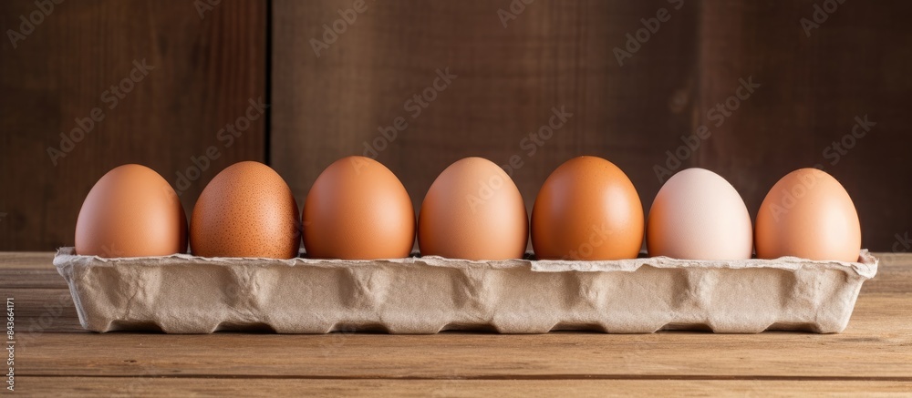 Poster egg close up view of raw chicken run many eggs in egg box on old wooden background. copy space avail