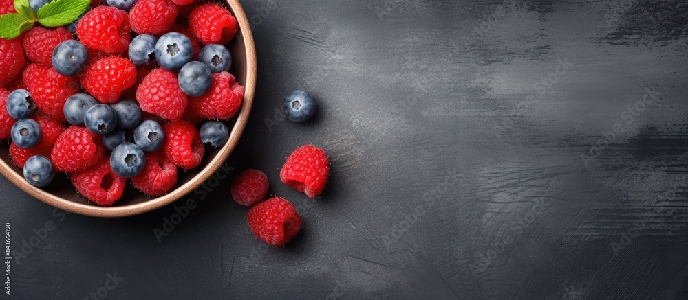 Poster Bowl of fresh raspberry and blueberry top view with copy space