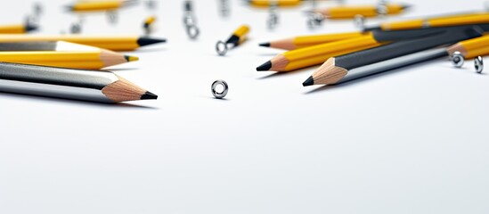 Pencil eraser paper clips lie in different angles of the sheet on a white background Hero image and copy space