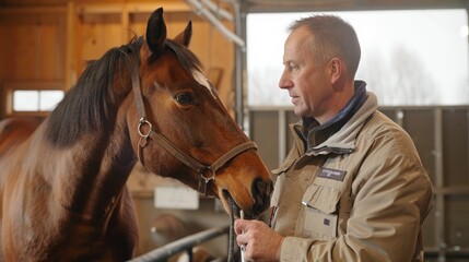 Fototapeta premium An experienced veterinarian is shown treating a horse in a well-maintained stable, using specialized tools to address a leg injury. This image highlights the diverse skills and expertise required in