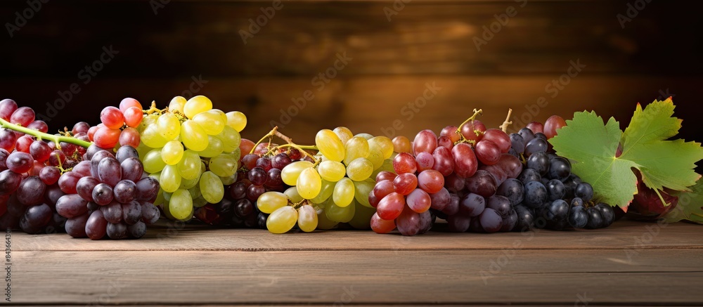 Poster different fresh ripe juicy grapes and space for text on wooden table top view. copy space available