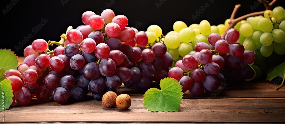 Aufkleber different fresh ripe juicy grapes and space for text on wooden table top view. copy space available