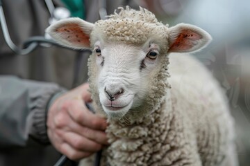 Fototapeta premium A veterinarian is seen conducting a thorough examination of a sheep, utilizing a stethoscope and other diagnostic equipment to assess the animal's condition. The image showcases the detailed process