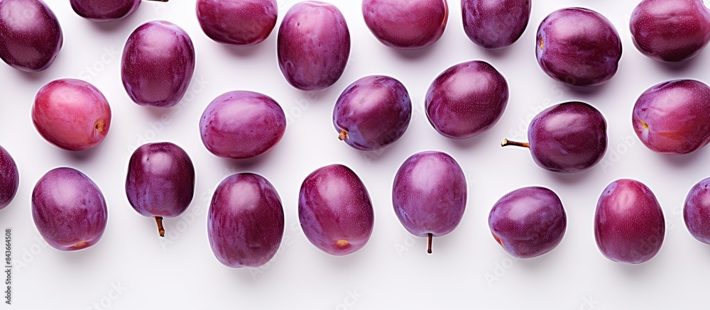 Poster plums isolated on a white background with copy space for your text Top view Flat lay pattern