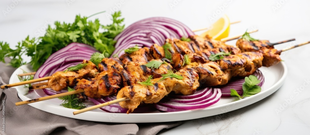 Poster grilled chicken kebab with red onions on a light table grilled meat skewers shish kebab on light bac
