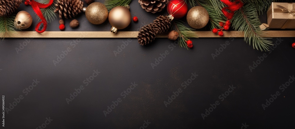 Aufkleber christmas background with gifts fir branches cones and red baubles new year frame with a copy space 