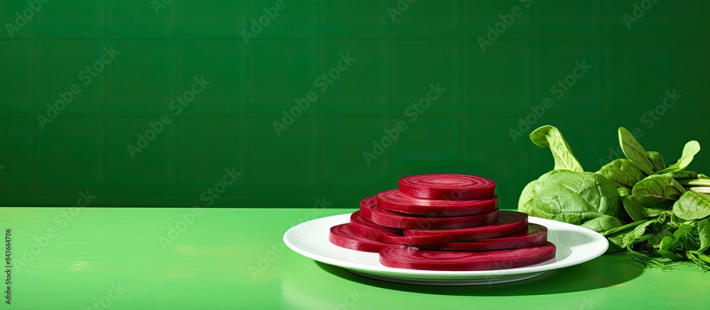 Poster sliced beets on a white plate on a green background copy space