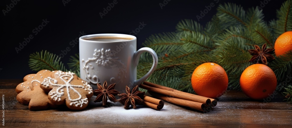 Poster christmas card with mulled wine hot drink gingerbread cookies and xmas fir tree branch view with spa