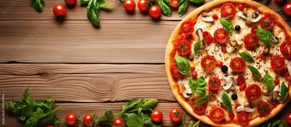 Poster fresh baked hot pizza on white background with copy space on the left side vegetarian pizza with veg
