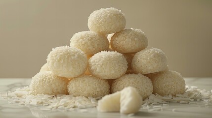 Pyramid of white coconut balls on a neutral background, beautifully arranged for a tempting dessert display.