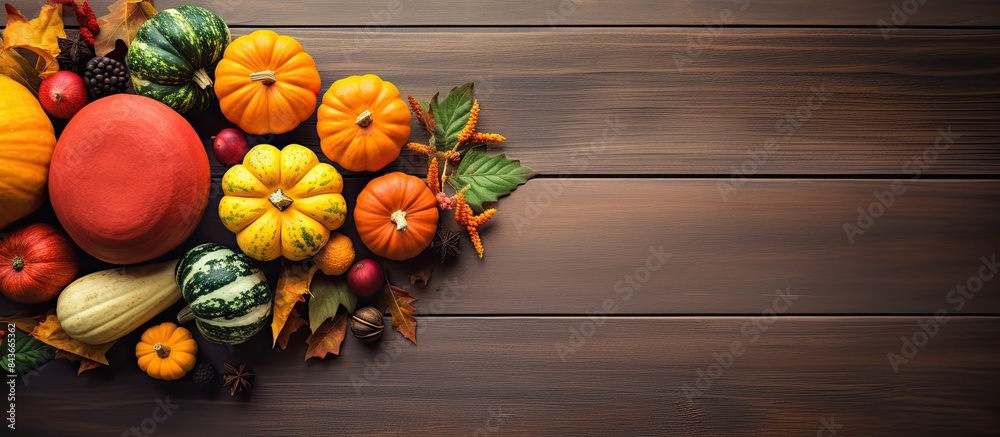Poster happy thanksgiving concept still life composition with pumpkin and oher fruits and vegetble small de