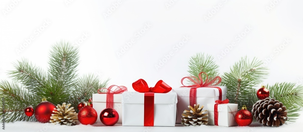 Poster christmas composition on a white background with white gift boxes with a red ribbon with fir branche