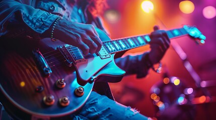 Obraz premium Close-Up of Guitarist Playing Electric Guitar on Stage Under Vibrant Lights During Live Rock Concert