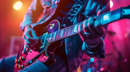 Obraz premium Guitarist Performing with Electric Guitar on Stage Under Colorful Lights During Live Rock Music Concert