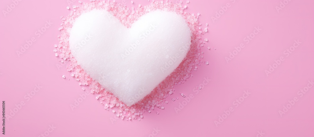Poster Heart made of cubes of sugar Sugar kills Pink background Empty space for copying text