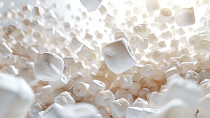 An abundance of mini marshmallows floating in midair, bathed in soft sunlight.