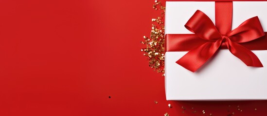white gift box with red big bow isolated on a red background Christmas Valentine s Day Birthday other holidays With copy space for text Top view Background pattern poster postcard card