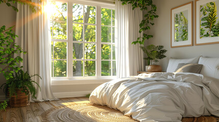 A bedroom with a white bed, white curtains, and a window with trees outside
