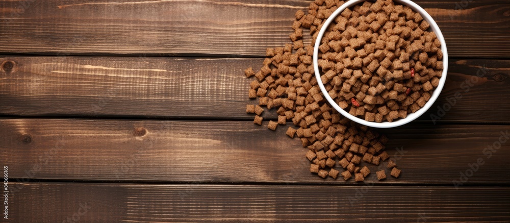 Poster Top view of dog food in bowl with empty wooden background for text input Pet food concept. copy space available
