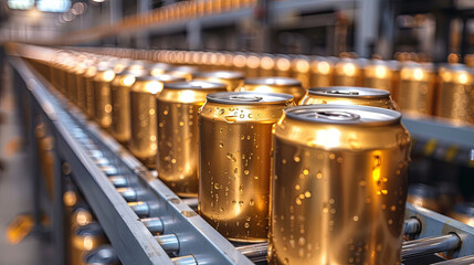 A row of canned beverages on a conveyor belt