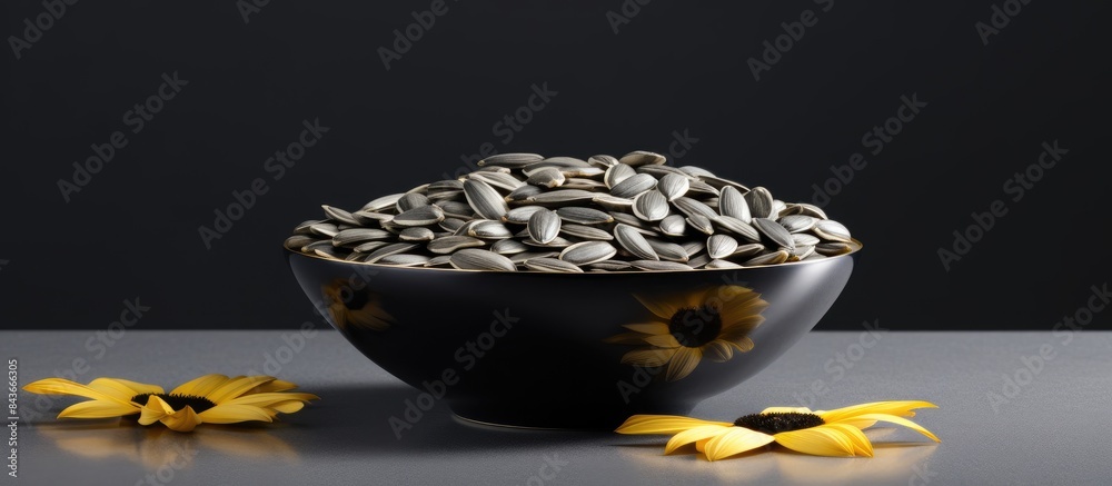 Poster sunflower seeds lie in a round bowl on a gray background copy space