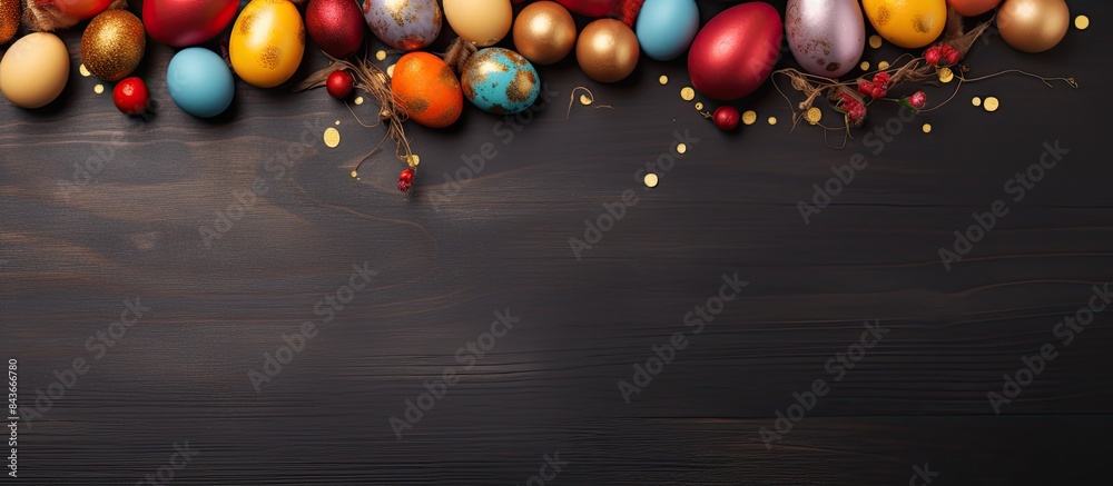 Poster easter background with golden and colored eggs happy easter background top view high quality photo. 