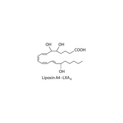 Lipoxin A4 skeletal structure diagram.Lipoxin compound molecule scientific illustration on white background.