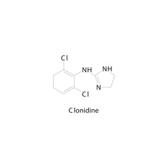 Fototapeta premium Clonidine flat skeletal molecular structure Alpha-2 Agonist drug used in Hypertension, ADHD, drug withdrawal treatment. Vector illustration scientific diagram.