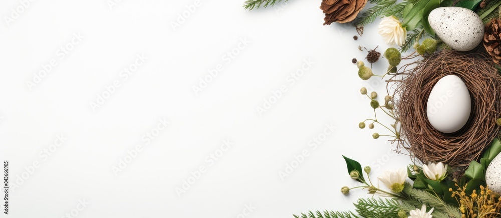 Aufkleber frame with plants invitation card with environment and quail eggs easter eggs ribbons and nest on white background. copy space available