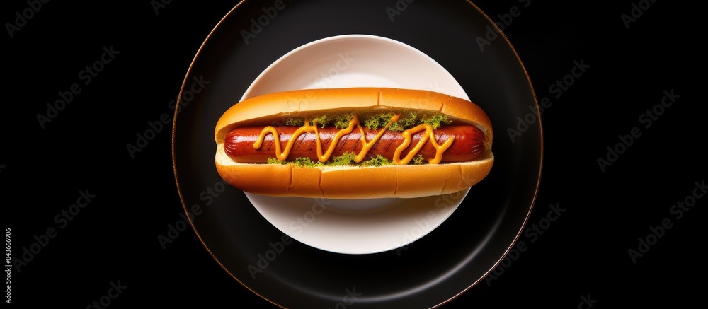Poster top view with appetizing of the hotdog placed in white dish beautifully fork and knife on floor copy