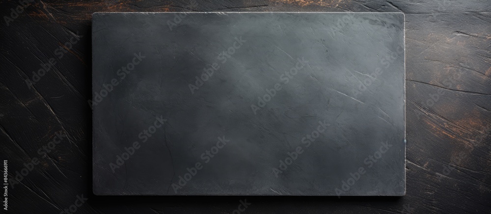 Poster empty square black plate over dark slate aerial view with copy space