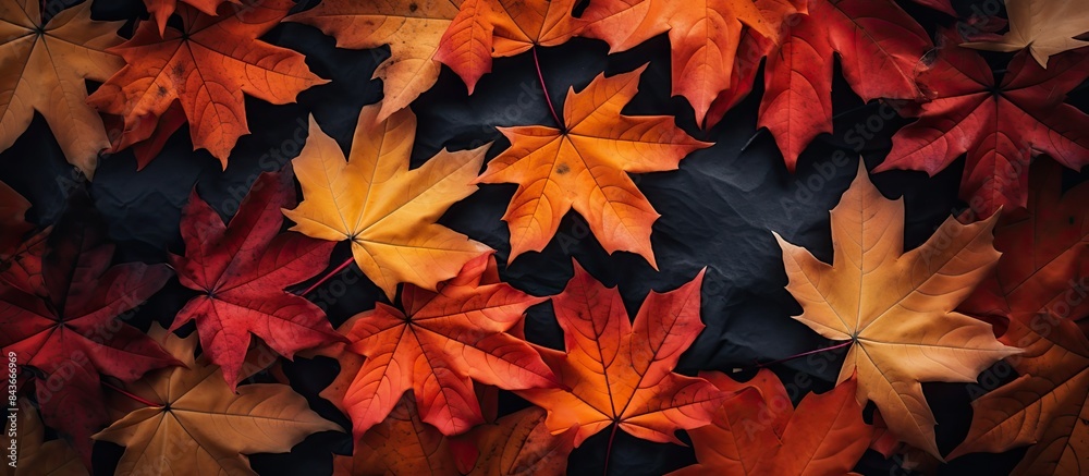 Poster Creative seasonal autumn background Close up of maple leaves with place for text Autumn background Top view flat lay view from above. copy space available