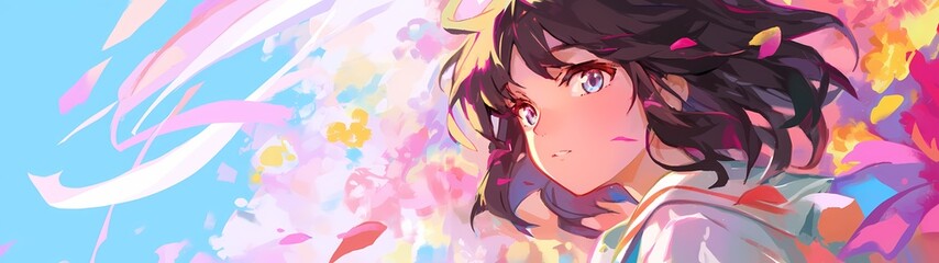 side view of a girl with colorful cherry blossom on blue sky, background with a ratio size of 32:9