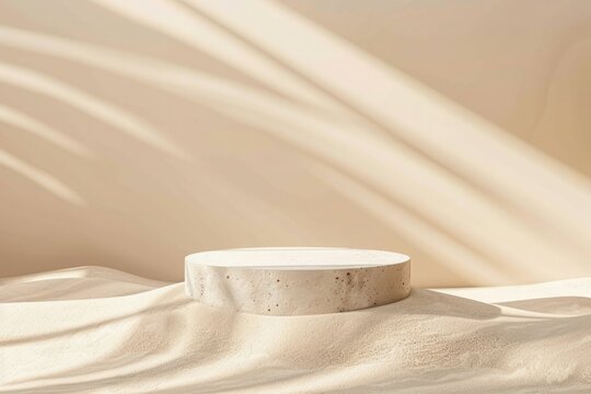 Background for cosmetic products of natural beige color Stone podium on the sand background