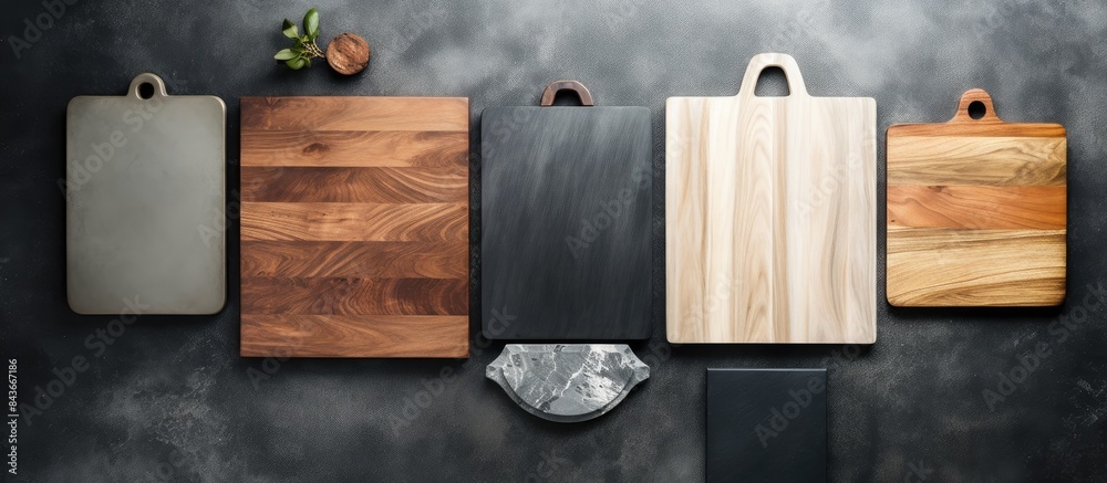 Aufkleber Aged wood cutting board set top view flat lay with copy space for text or your product on gray stone table background