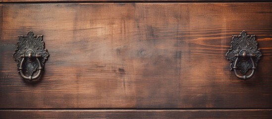 Old bronze handles on wooden background Copy space for text