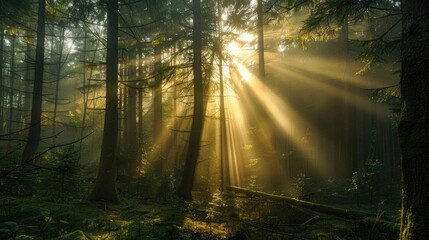 Spectacular sun rays shining through woods and tree in the dense forest. Green and lust forest on a beautiful summer day