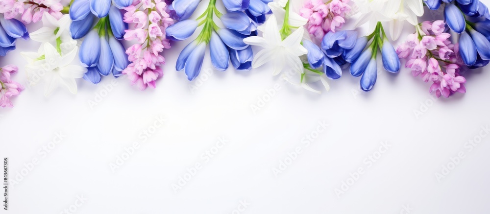 Poster spring decoration frame of flowers white snowdrops blue scilla violet pink hollowroot on a white bac