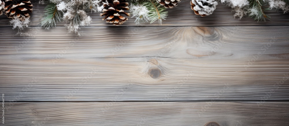 Poster christmas background concept top view of spruce branches with snow and pine cones on old wooden back